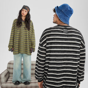 Large size trendy men's spring new product striped contrasting base shirt dopamine loose hoodie style long sleeved T-shirt